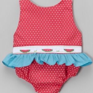 Pink Polka Dot Watermelon Smocked Skirted Sunsuit - Infant